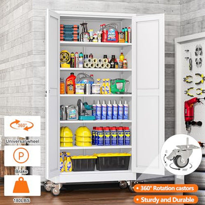 pozdeg 73.6" White Lockable Rolling Metal Garage Storage Cabinet - color: White, size: 17.7"D x 35.4"W x 73.6"H