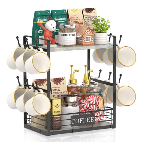 EsLuker.ly Coffee Mug Cup Holder Tree Bar Station Organizer, 2 Tier Light Grey - color: Light Grey + Black