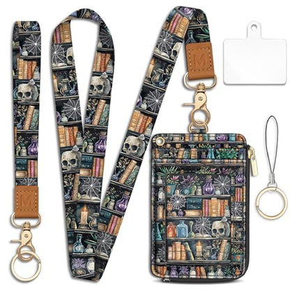 Goth Bookshelf Skull Lanyard Wallet with ID Badge Holder, Small Slim RFID - color: Bookshelf Goth