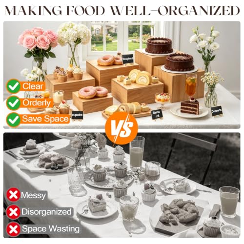 9 Pcs Extra Large 12" Wooden Buffet Risers Set with Mini Sign Food Risers for Buffet Table Multi Size Cake Display Stands for Party Wedding Dessert Jewelry Home Decor