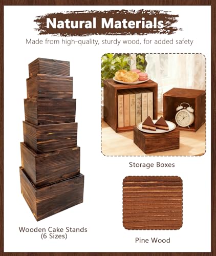 6 Pack Square Wooden Display Risers, Rustic Buffet Food Stands with Cards & Pens
