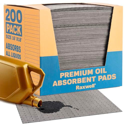 Raxwell Oil Absorbent Pads 200 Pack – 16” x 18” Heavy-Duty Spill Pads, 8-Layer Polypropylene, Dimpled & Perforated Universal Absorbent Sheets - Garage Floor Mat for Oil, Coolant, Water & Chemicals - size: 1 Count (Pack of 200)