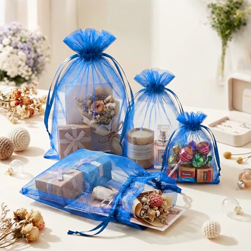 FUNFERY 100Pcs Royal Blue Organza Bags 5x7, Small Mesh Drawstring Gift Bag - color: Royal Blue