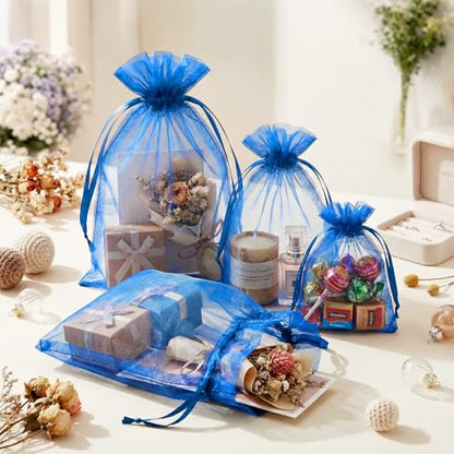 FUNFERY 100Pcs Royal Blue Organza Bags 5x7, Small Mesh Drawstring Gift Bag - color: Royal Blue
