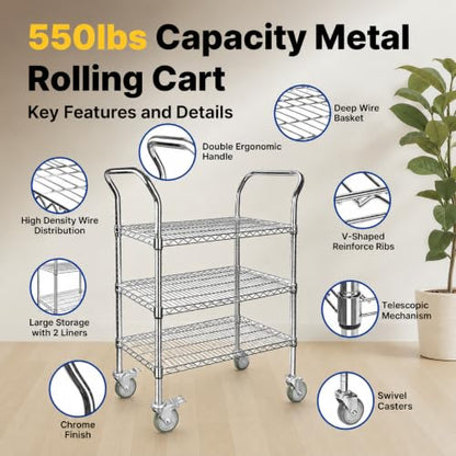 Northsky 3-Shelf Wire Utility Cart on Wheels, Chrome Finish Rolling Metal Shelving with Wheels, 550lb Capacity, 36" x 18" x 44.1", 3 Tier Rolling Cart for Kitchen Bar Storage Use - size: 36