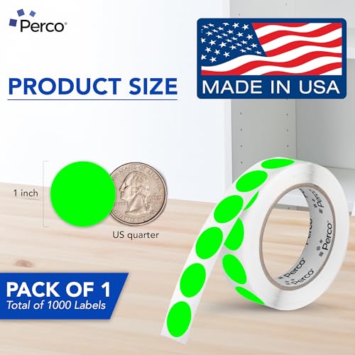 Perco Neon Green Round Circle Dot Sticker 1-Inch Labels with Easy-Tear Perforation, 1,000 Stickers per Roll - in Stock, Approved & Available Labels, High Visibility, Strong Adhesive—Made in USA - color: Green - Neon, size: 1 Inch