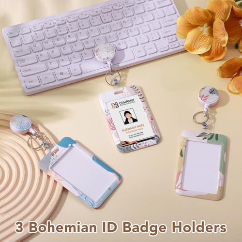 3 Pack Boho Id Badge Holder with Retractable Reel, Vertical ID Card Holder - color: Boho
