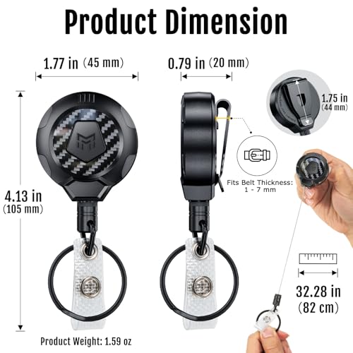 MNGARISTA Upgraded Heavy Duty Retractable Keychain with Belt Clip, 10 OZ Retraction, 31.5" Stainless Steel Cord Key Chain, 3K Carbon Fiber ID Badge Reel Holder with Badge Strap and Key Ring, 4 Pack - color: Black Keychain 4 Pcs