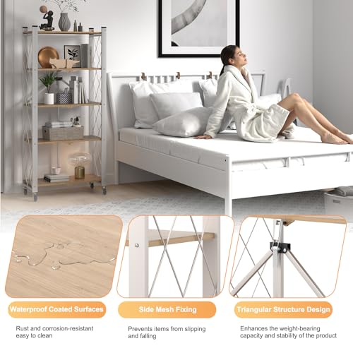 5-Tier Foldable Storage Shelves with Wheels Wood Grain Transfer - color: Natural, size: 5 Tier