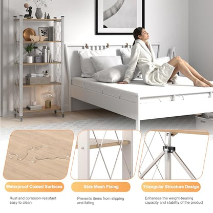 5-Tier Foldable Storage Shelves with Wheels Wood Grain Transfer - color: Natural, size: 5 Tier