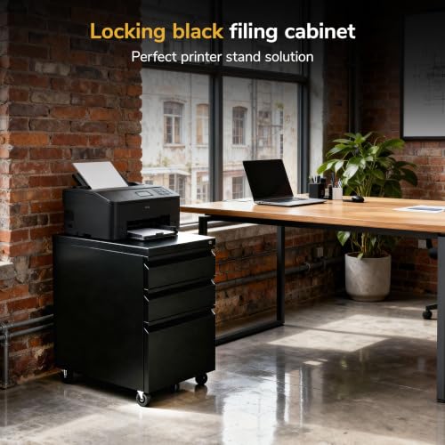 Mount-It! 3 Drawer File Cabinet with Lock and Wheels, Heavy-Duty Steel Rolling Drawer Cabinet, Fully Assembled Under Desk Filing Cabinet for Home Office Storage, 15.3" W x 19.75" D x 24.5" H, Black - color: Black
