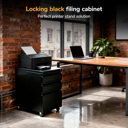 Mount-It! 3 Drawer File Cabinet with Lock and Wheels, Heavy-Duty Steel Rolling Drawer Cabinet, Fully Assembled Under Desk Filing Cabinet for Home Office Storage, 15.3" W x 19.75" D x 24.5" H, Black - color: Black