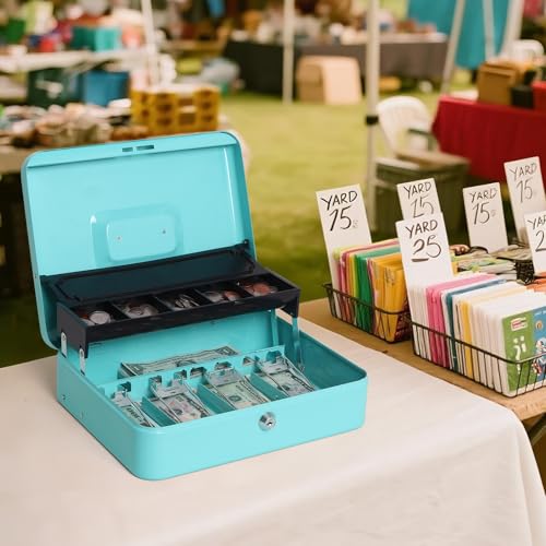 Jssmst Metal Cash Box with Money Tray and Lock, Portable Cash Drawer, 11.8" - color: Light Blue Key