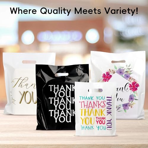 Thank You Bags for Business Small, 100 PCS 12x15 Plastic Shopping Bags - color: Black & White Thank You Bags
