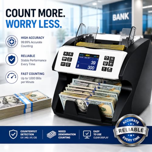 MA-180S Bill Counter Machine - Mixed Denomination Money Counter with Value Count, CIS Sensor, Serial Number Recognition, UV/MG/IR Counterfeit Detection, Bank-Grade Currency Counter for Business