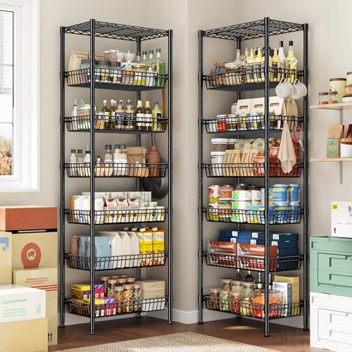 DurayLoly 7-Tier 300LBS Basket Wire Shelving Unit, Locking Wheels, Black - size: 72" H x 24" W x 14" D