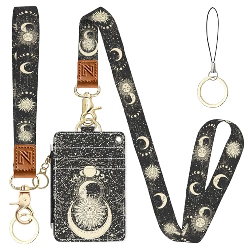 2-in-1 ID Badge Holder & Lanyard Wallet，Cute Zippered Pouch Sun and Moon - color: Sun and Moon