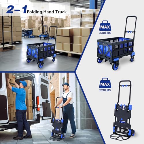 2 in 1Hand Truck Dolly Foldable with Basket,Folding Dolly Cart 330lb - color: B-blue