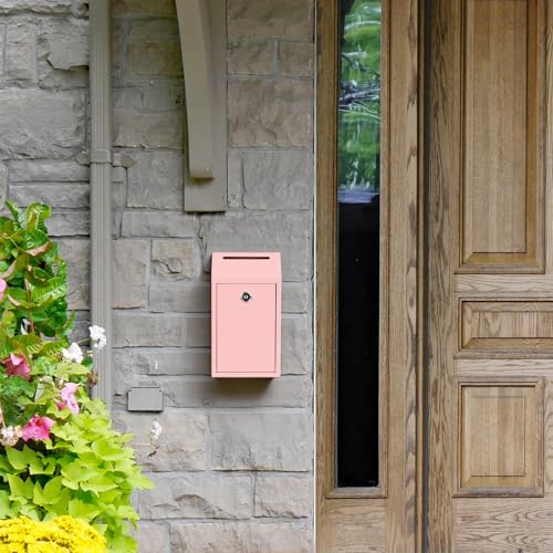 Sumerfnt Locking Cash Box with Slot, Metal Money Donation Box with Lock and 4 Keys Wall Mount, Cash Drop for Farm Stand, Self-Serve Stand, Tips, Fundraising, Pink - color: Pink