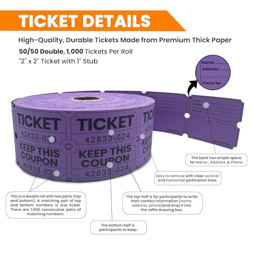 PM Company 2000 Pcs (1000 Pairs) Raffle Tickets Double Roll, 50/50 Purple - color: Purple