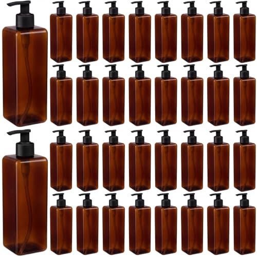 Zubebe 32 Pcs 16 oz Empty Plastic Pump Bottles Lotion Bottles with Pumps Clear Square Lotion Dispenser Refillable Shampoo Container for Massage Oil Liquid Soap Face Cream Moisturizer (Brown) - color: Brown