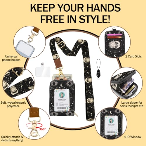 Daily Carry Roomy Leather Zipper Lanyard Wallet for Women, Adjustable Sun Moon Lanyard with ID Holder, RFID Badge Holder, 3 Clear Multiuse Cards, 2 Key Rings, 1 Phone Strap for Teacher Office - color: Sun and Moon