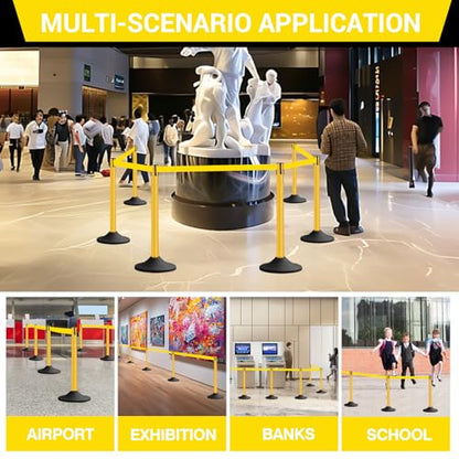 10 ft Crowd Control Stanchion Set, Yellow Crowd Control Barrier with Retractable Belts & Rubber Base, Queue Management Stanchion (6 Pack) - size: Rubber Base-6 Pack
