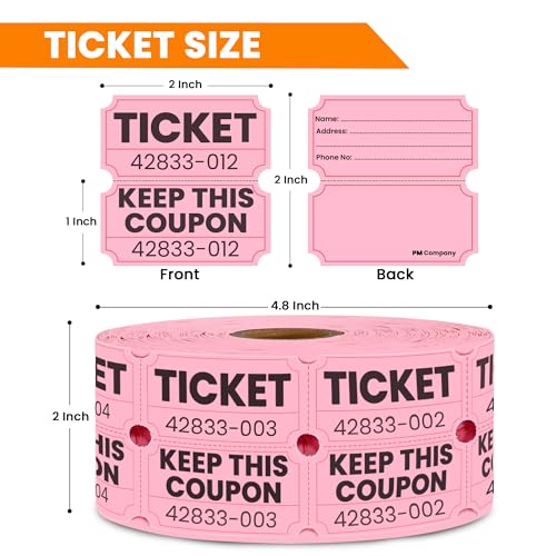 PM Company 2000 Pcs (1000 Pairs) Raffle Tickets Double Roll, 50/50 Pink - color: Pink
