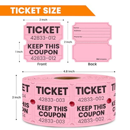 PM Company 2000 Pcs (1000 Pairs) Raffle Tickets Double Roll, 50/50 Pink - color: Pink