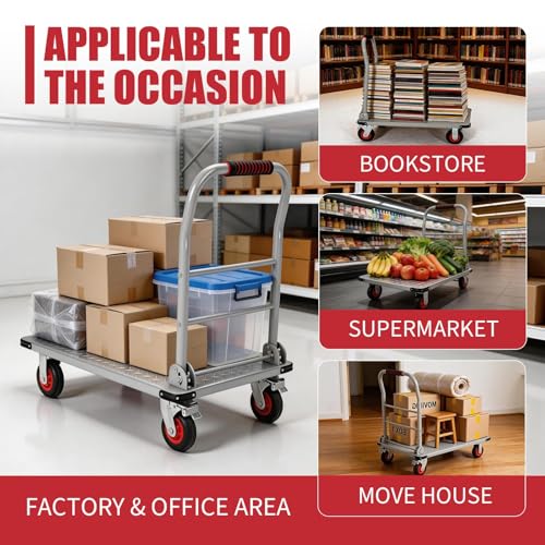 Heavy Duty 1800LBS Steel Platform Truck Cart – 36"x24" Flatbed Push Cart, 6" Swivel Wheels & Brakes, Collapsible Handle, Utility Dolly for Warehouse & Garage - color: Silver
