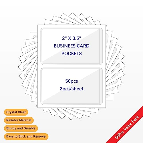 IMAGAME Clear Adhesive Business Card Pockets, 50 Pack - size: 2-1/2” x 4-1/8” for 2" x 3.5" Business Cards