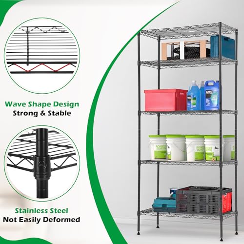 BestOffice | 5-Tier Wire Shelf with Wheels | 14" x 30" x 60" | Black - color: Black, size: 14L x 30W x 60H