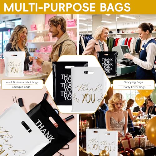 Thank You Bags for Business Small, 100 PCS 12x15 Plastic Shopping Bags - color: Black & White Thank You Bags