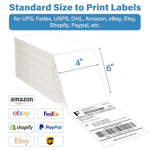 LotFancy 4x6 Thermal Labels, 500 Shipping Labels with Perforation, Permanent Adhesive, White Mailing Label Stickers, Compatible with Rollo, Zebra Thermal Printers - size: Fanfold 1 Stack 500 Labels