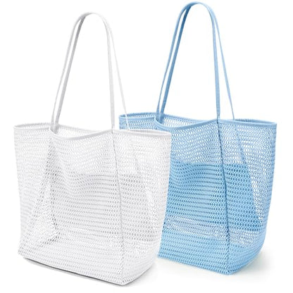KALIDI Beach Mesh Tote Bag, Casual MAX 23L Summer Foldable Hobo Bag Women - color: Blue White