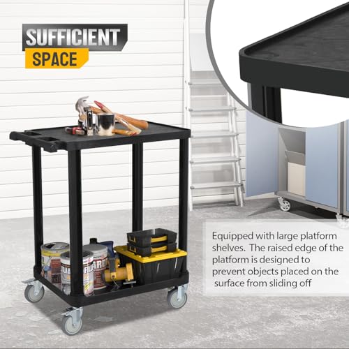 Leadzm 2-Tier Plastic Flat Utility Cart, Commercial Rolling Service Cart on Wheels with Braker, Multi-Function Handle and Large CapacityStorage,Perfect for Warehouse Garage Office,Black