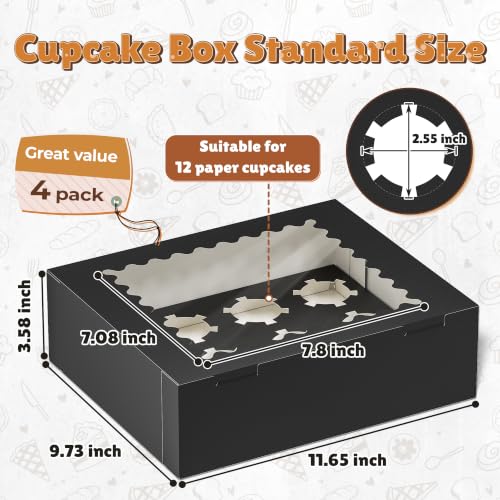 RYDDOY 4 Pack Black Cupcake Boxes, Hold 12 Count Cupcake, Cupcake Carriers - color: Black