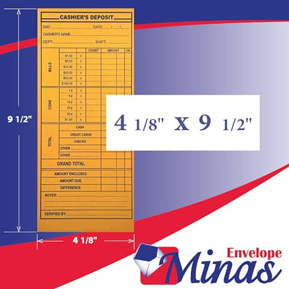500 Minas Envelope Cashier Deposit Report Envelopes, 4 1/8" x 9 1/2", Sturdy 24lb. Kraft Paper, Cash Drop Envelope with Gum Flap for Hotels, Small Businesses, Retailers, Restaurants