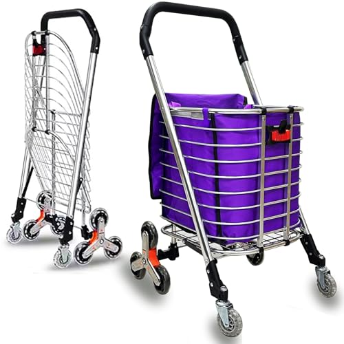 Foldable Stairs Climbing Shopping Cart with Waterproof Basket Liner，Aluminium Alloy Lightweight Collapsible Grocery Dolly Cart，Portable Rolling Utility Trolley，49L