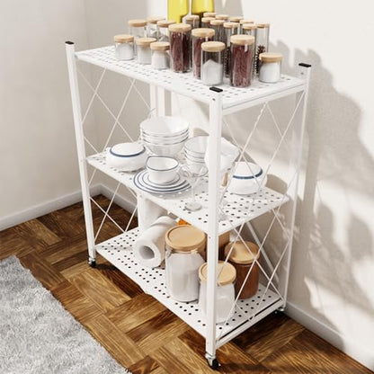 3 Tier Foldable Storage Shelf with Wheels Heavy Duty Garage Shelving - color: White, size: 3 Tier