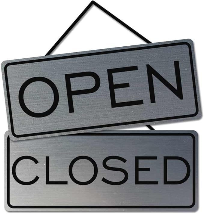 Open Closed Sign, Brushed Silver, 12" x 5" - Durable Dual-Sided Design with Adhesive Tape & Knotted Ribbon Hanger, No Tools Required - color: Brushed Silver, size: 12x5 inches