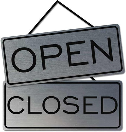 Open Closed Sign, Brushed Silver, 12" x 5" - Durable Dual-Sided Design with Adhesive Tape & Knotted Ribbon Hanger, No Tools Required - color: Brushed Silver, size: 12x5 inches