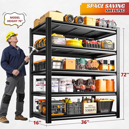 REIBII 5 Tier Garage Shelving for Garage, Adjustable Metal Shelving - size: 72" H x 36" W x 16" D