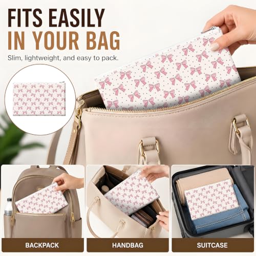 Money Bag with Zipper, Cute PU Leather Cash Bags, Portable Bank Bag Money Pouch for Cash, Coins, Checks, Receipts, Invoices Cosmetics Tools, Deposit Bag for Office Travel, Pink Bow - color: Pink Bow
