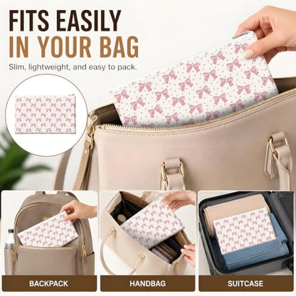 Money Bag with Zipper, Cute PU Leather Cash Bags, Portable Bank Bag Money Pouch for Cash, Coins, Checks, Receipts, Invoices Cosmetics Tools, Deposit Bag for Office Travel, Pink Bow - color: Pink Bow