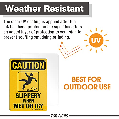 Slippery When Wet Or ICY Sign, Caution Sign, 4 Pack, 10" x 7" Rust Free .040 Aluminum, UV Protected, Waterproof, Weatherproof and Fade Resistant, 4 Pre-drilled Holes - color: YELLOW - 4 Pack