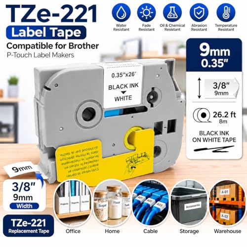 1-Pack Compatible with Brother P-Touch TZe-221 9mm White Label Tape - color: White, size: 9mm