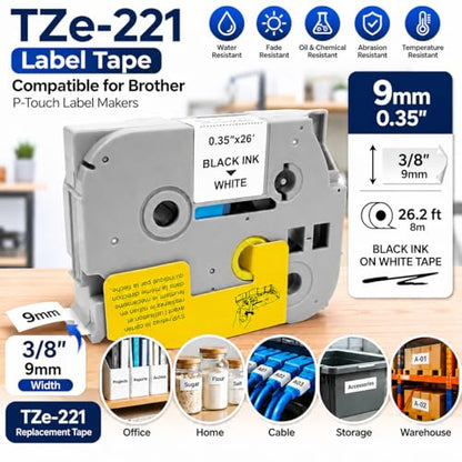 1-Pack Compatible with Brother P-Touch TZe-221 9mm White Label Tape - color: White, size: 9mm