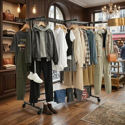 Floor Standing Metal Garment with Wheels (A-47.3in) - size: A-47.3in