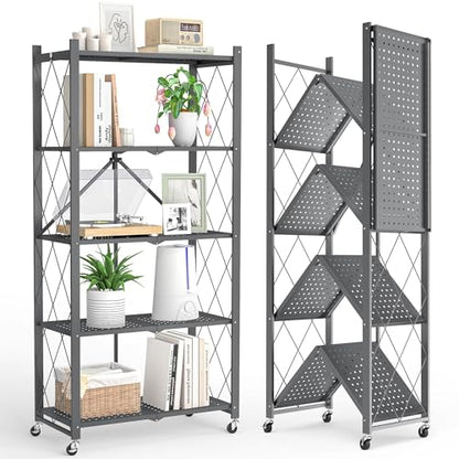 Fenbeli 5-Tier Folding Metal Storage Shelves with Wheels, 750 lb Capacity - color: Grey, size: 5 Tier